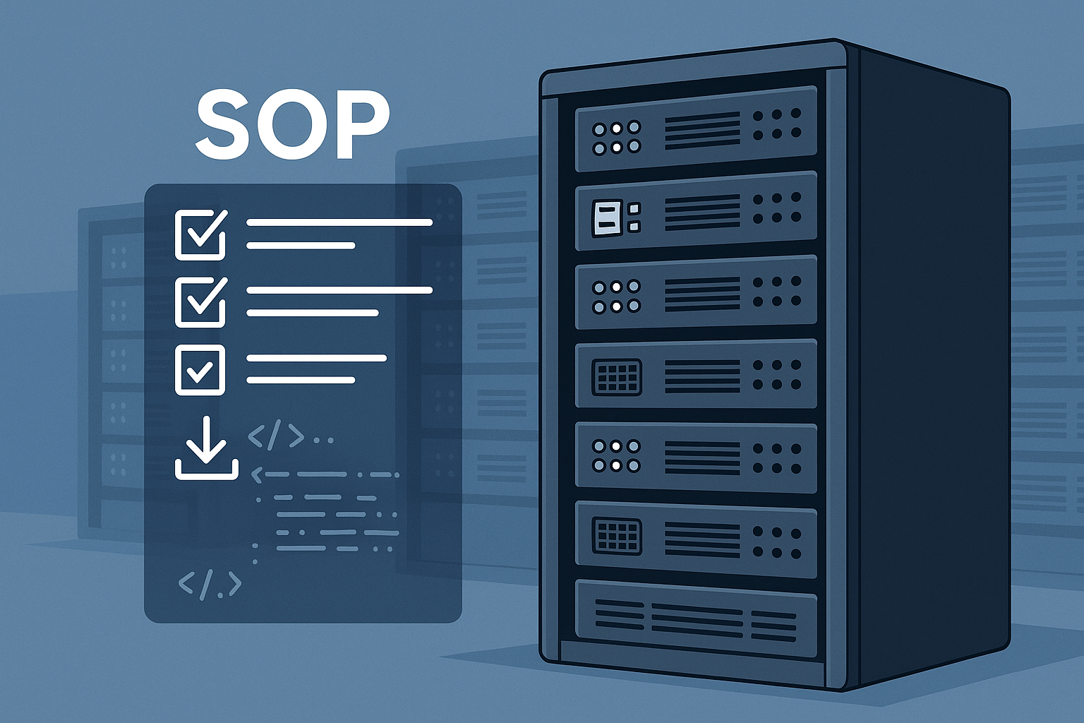 ServerRackBild Mit SOP CHeckliste und Quellcode
